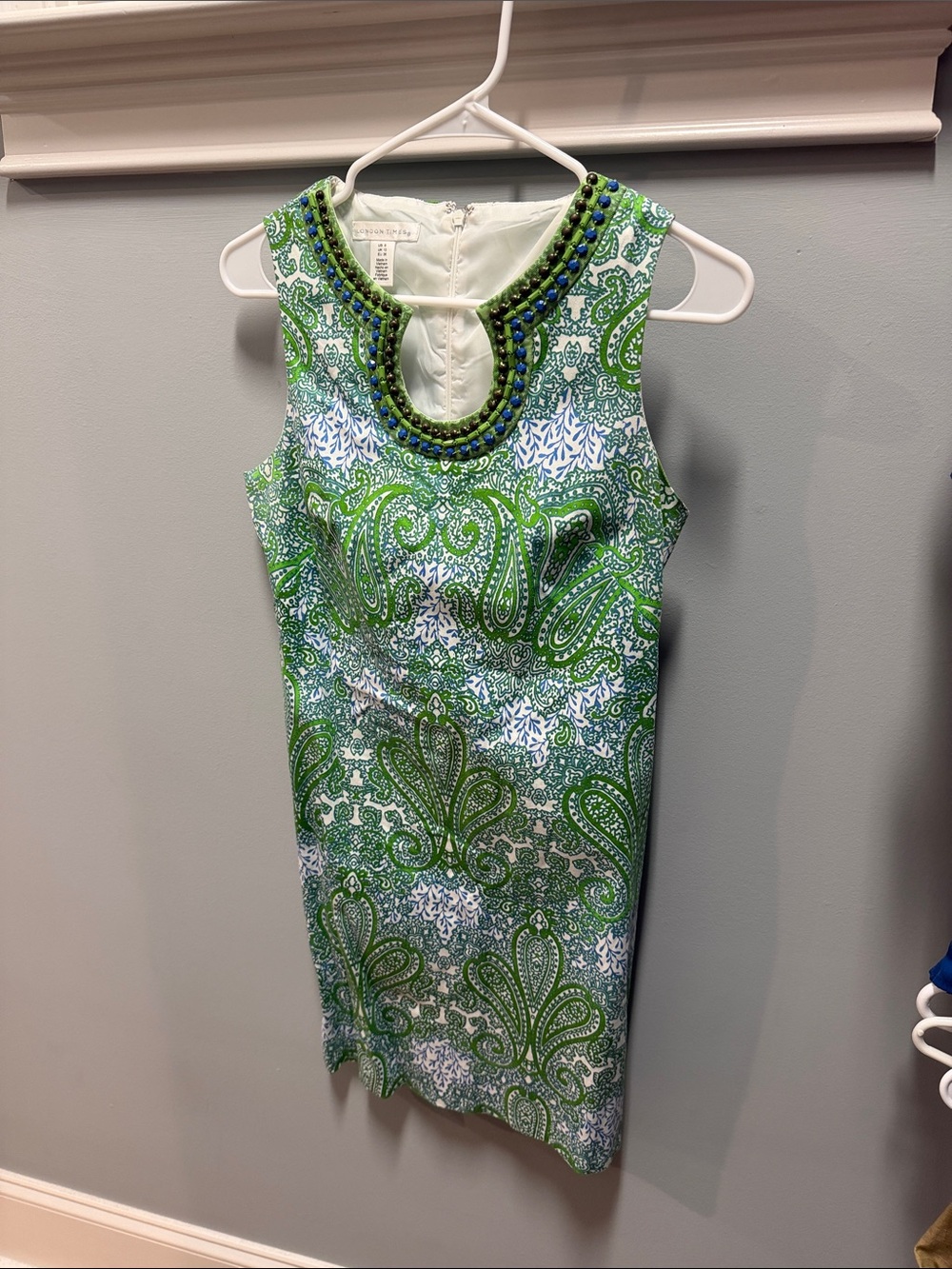 London Times Green and White Paisley Sleeveless Dress with Beaded Neckline